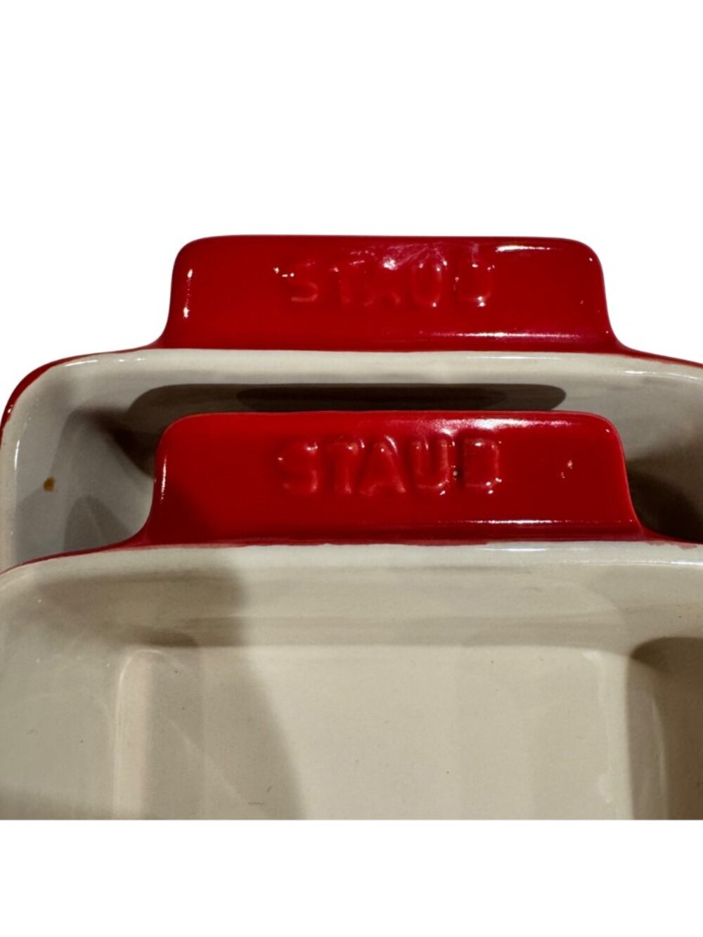 2 Staub Ceramic Rectangular Individual Baking Dishes Set Cherry Red Cream 6.5 in - Picture 13 of 14